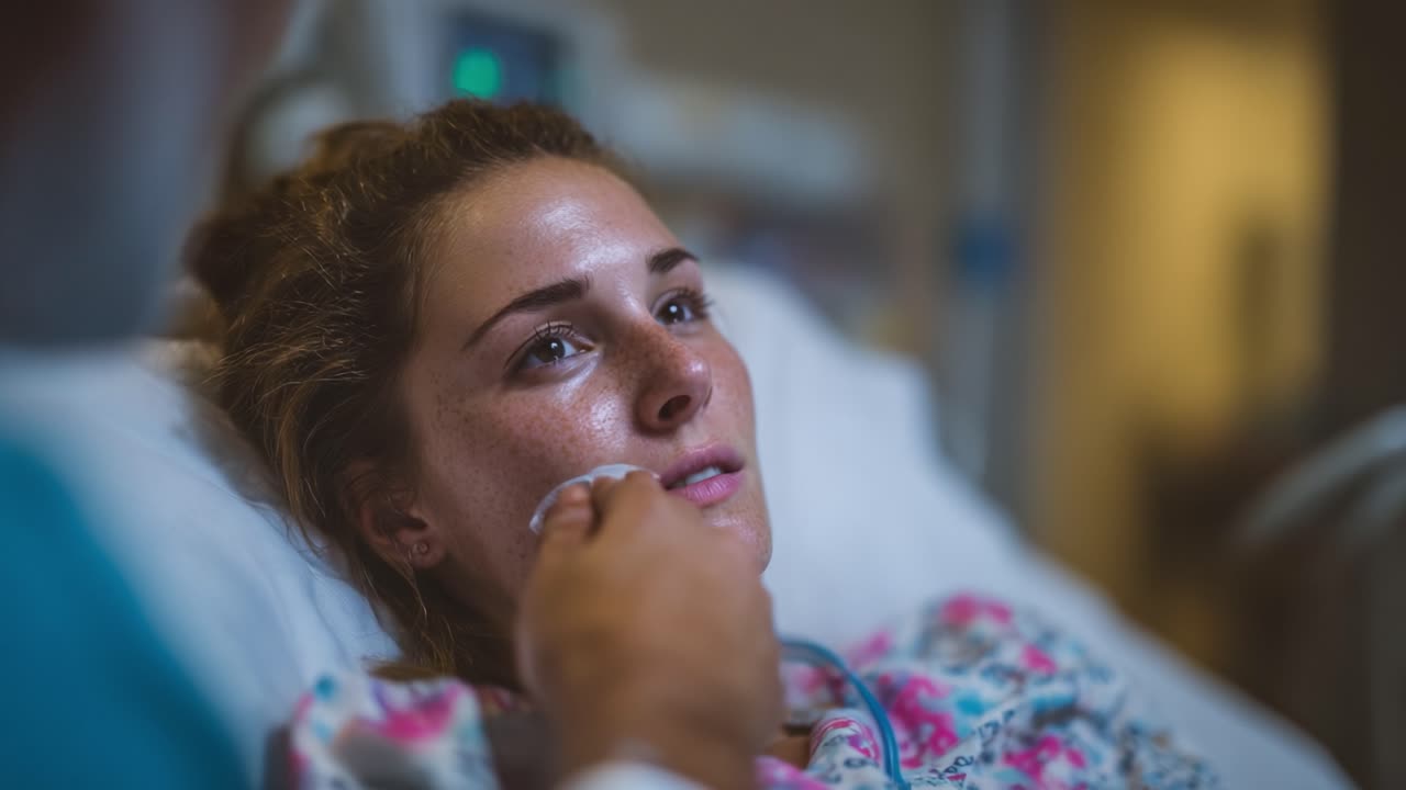 Una Giovane Donna in una Stanza d'Ospedale che Riceve Cure, Evidenziando la Vulnerabilità e la Compassione del Supporto Medico Durante la Guarigione in un Ambiente Calmo