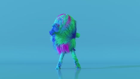 cheerful colorful hairy cartoon dancing character, furry animal, having fun, furry mascot animation. modern minimalist design. 3d animation of seamless loop.