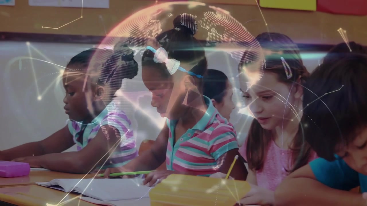 Pupils writing in class, camera pulling back revealing networked globe overlay showing education