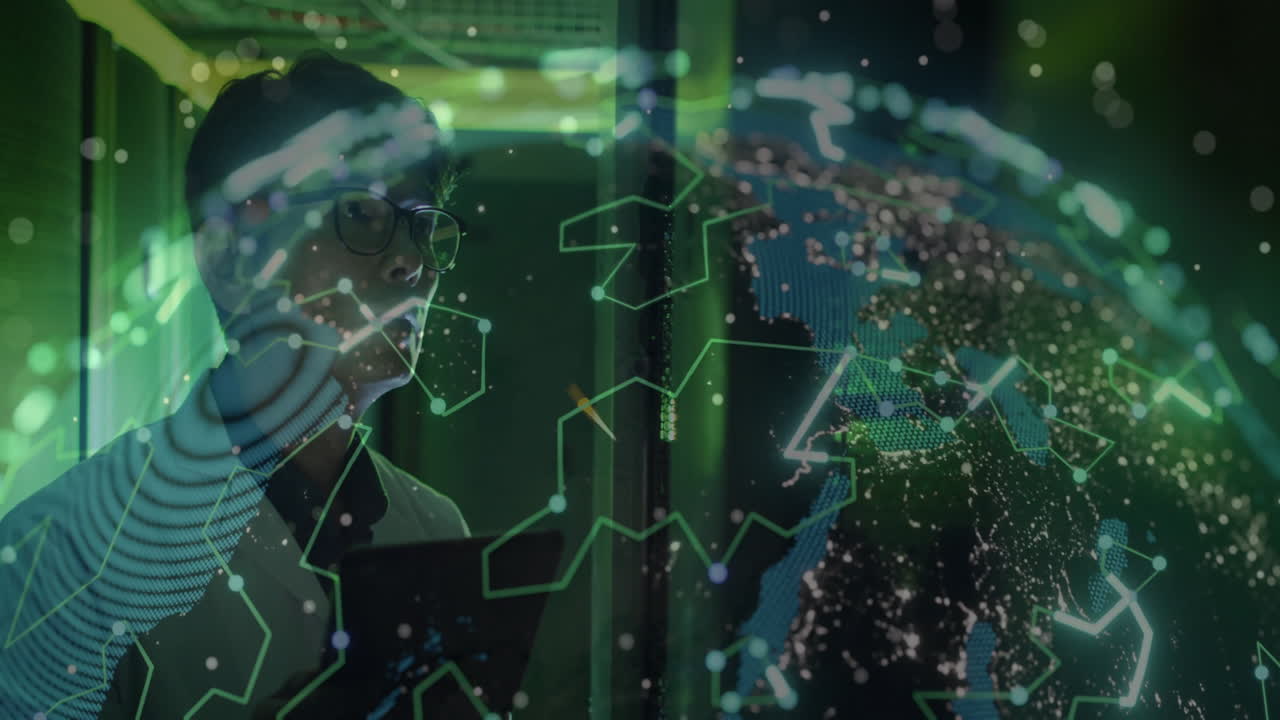 Analyzing digital data, person interacting with glowing network and Earth animation