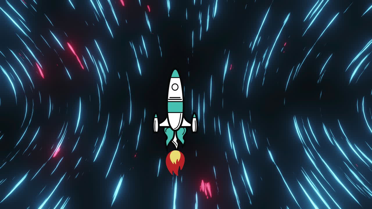 Rocket flying against light trails moving on black background