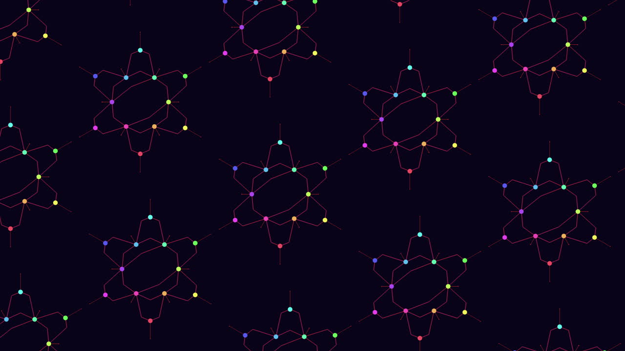 Animated molecular network pattern with colorful nodes on dark science background