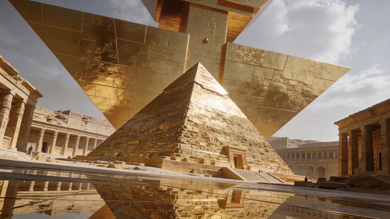 Telecamera che si inclina rivelando pannelli d'oro sopra una piramide a gradoni nel cortile di un tempio con una vasca riflettente.