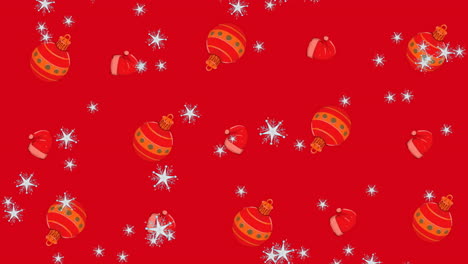 Animation-of-snow-falling-over-christmas-baubles-on-red-background