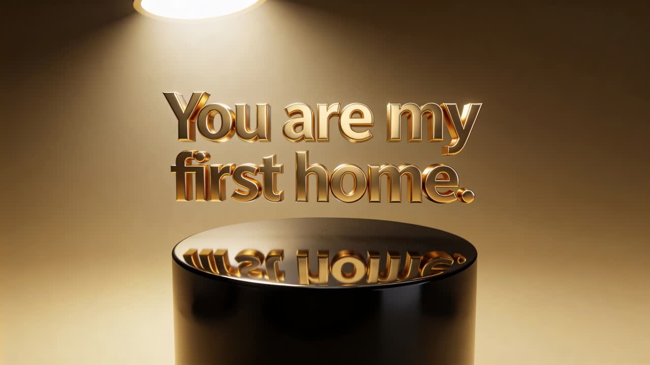 Gold 3D text settling above glossy plinth, spotlight entering top-left boosting mirror for branding