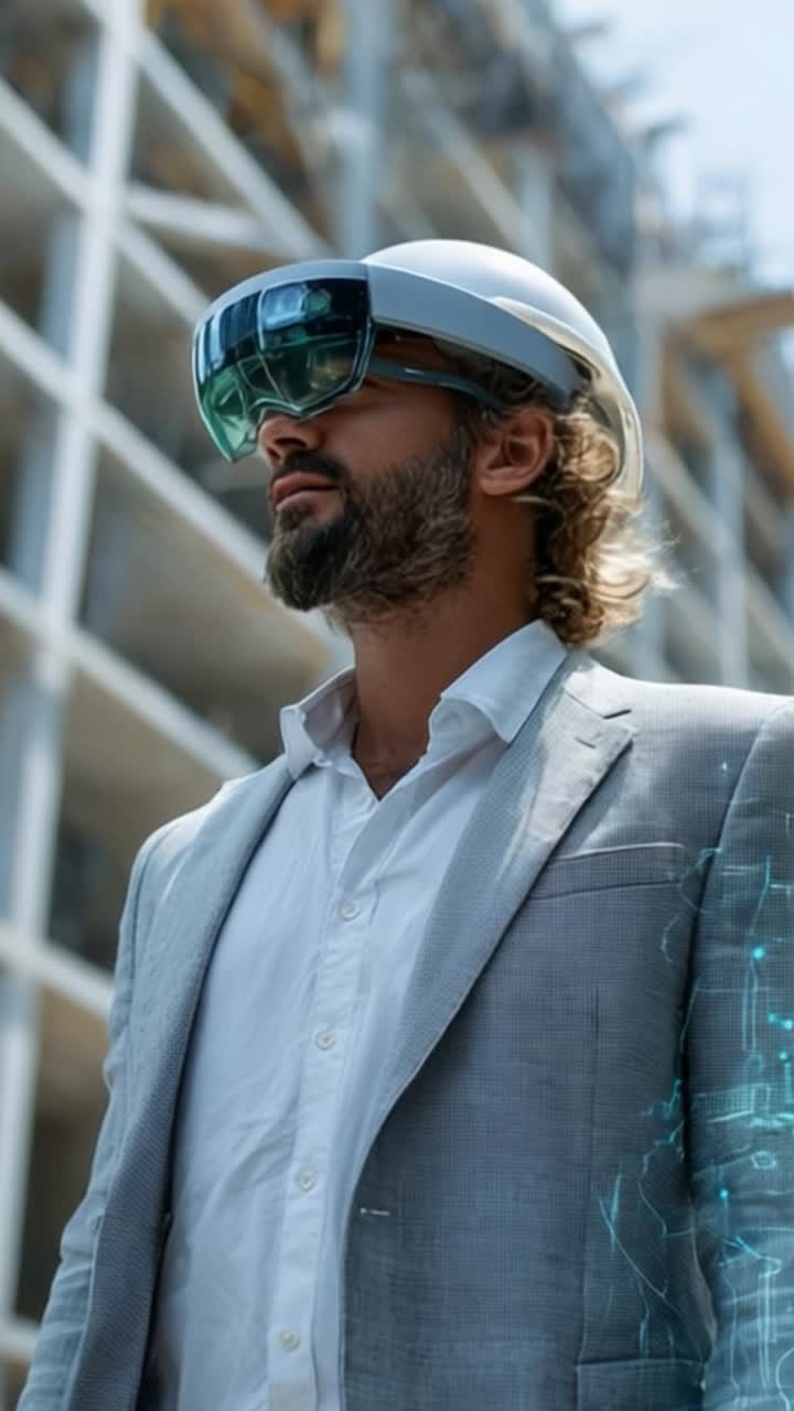 Innovative Professional Using Augmented Reality Headset at Construction Site, Merging Technology and Architecture for Enhanced Project Management and Safety