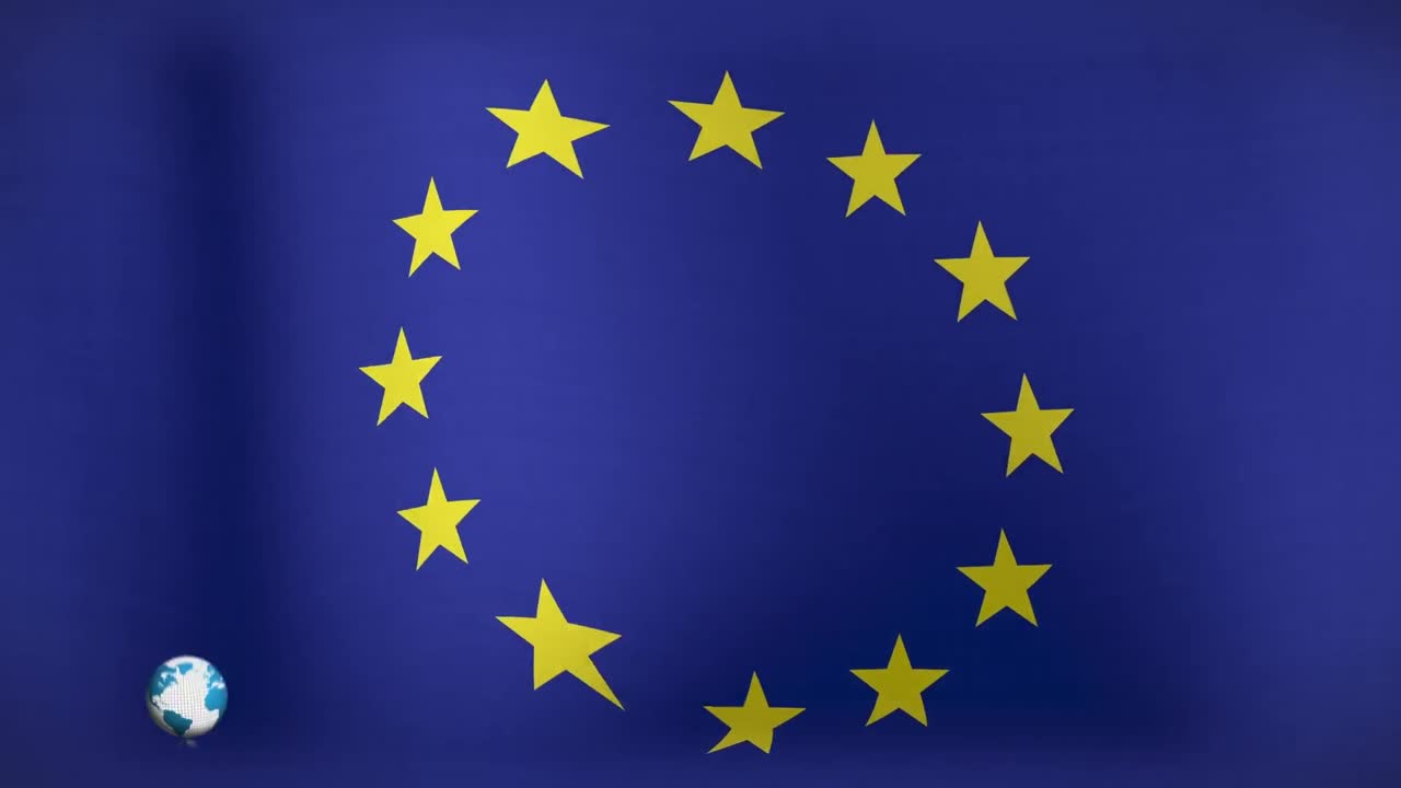 Maapallon ja valeuutisten animaatio Euroopan unionin lipun päällä