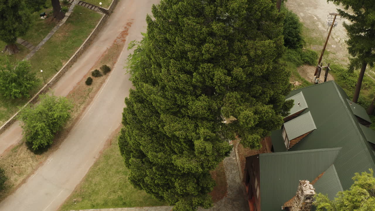 Drone flyover view of a public cabin recreational area inside Plumas National Forest in California.
