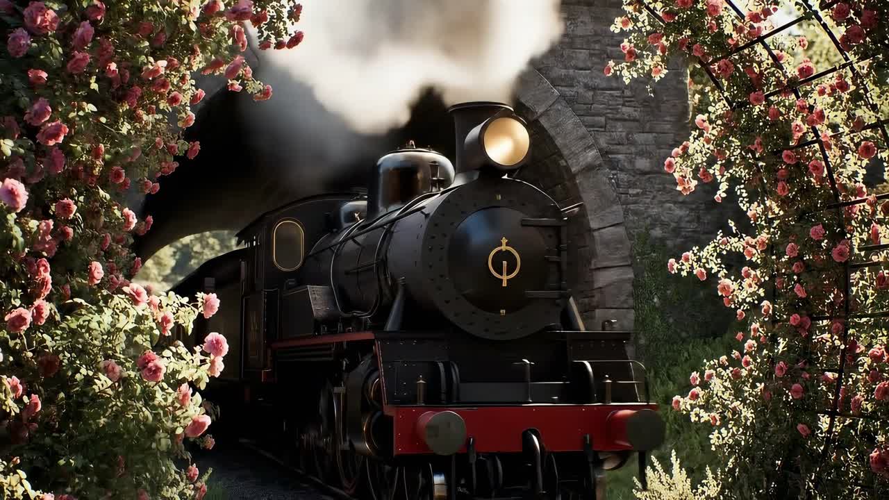 Un tren antiguo sale de un túnel, enmarcado por rosas. Un ángulo de cámara bajo crea una sensación de vídeo cinematográfica.