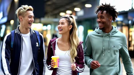 three people are walking down a street, smiling and laughing