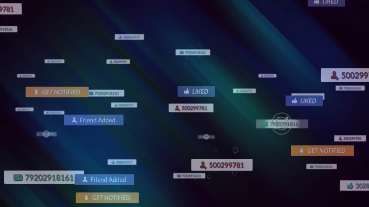 animación de mensajes de notificación en línea que se mueven a través del escritorio del ordenador