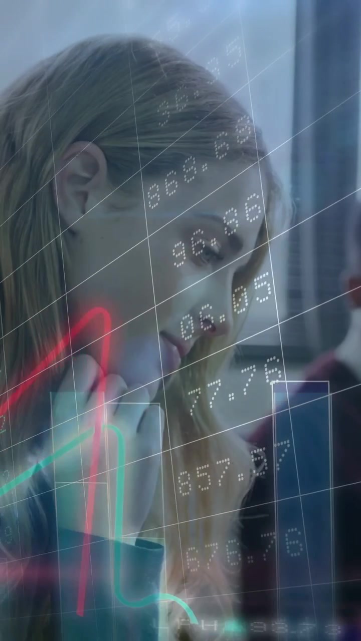 Vertical video: Woman tapping tablet, bringing live finance charts over tablet for market analysis