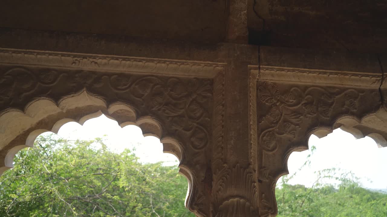 toma de hermosas tallas en una pared de un edificio patrimonial o haveli en india