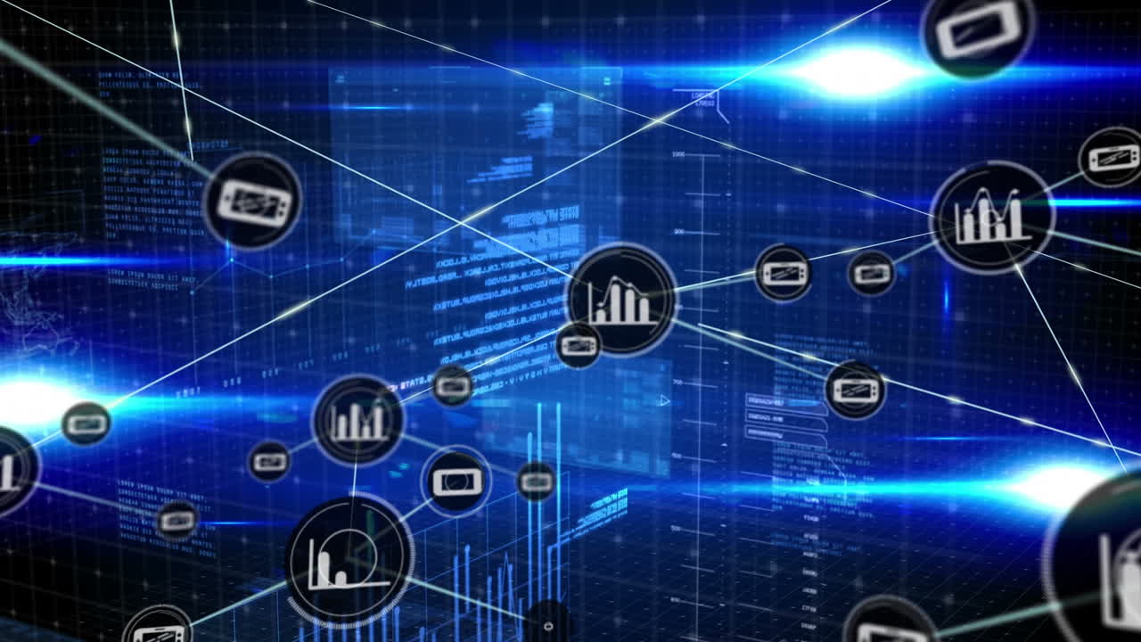 animación de iconos de gráficos y teléfonos que se conectan con líneas a través de la interfaz infográfica