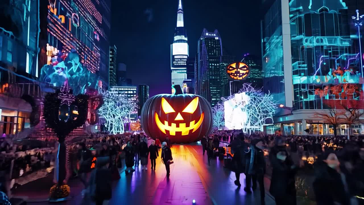 호박 장식으로 도시에서 할로윈 밤