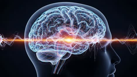 a stunning visualization of the human brain showcasing neural activity and cognitive processes with dynamic waves of energy representing thought and consciousness