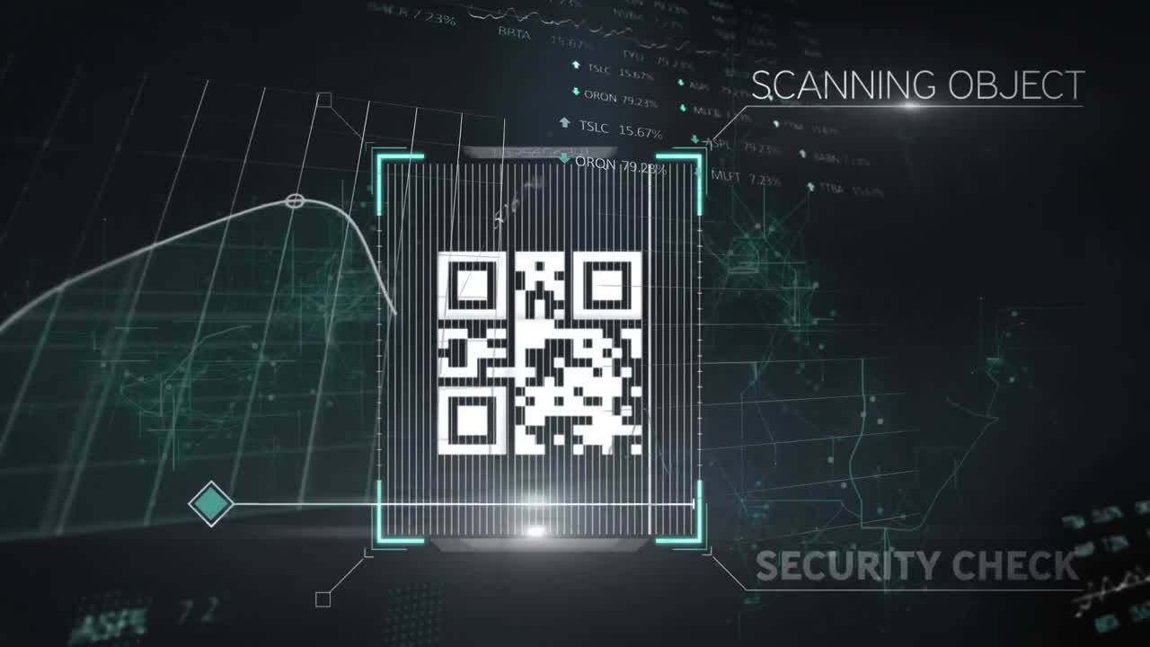 검은 바탕에 굴러가는 통계와 그래프 위의  ⁇ 색 qr 코드 스캔