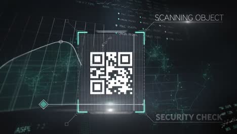White QR code scanning over statistics and graphs rolling on black background