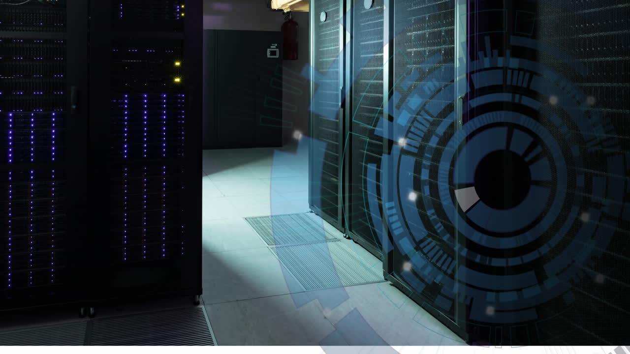 Animation of round scanner spinning against computer server room