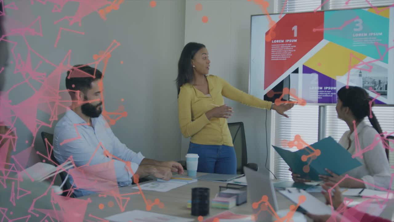 Presenter opening remarks in business meeting, approaching display, highlighting slide for emphasis