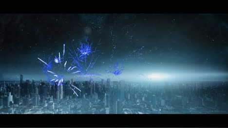 animation of cityscape over happy new year text