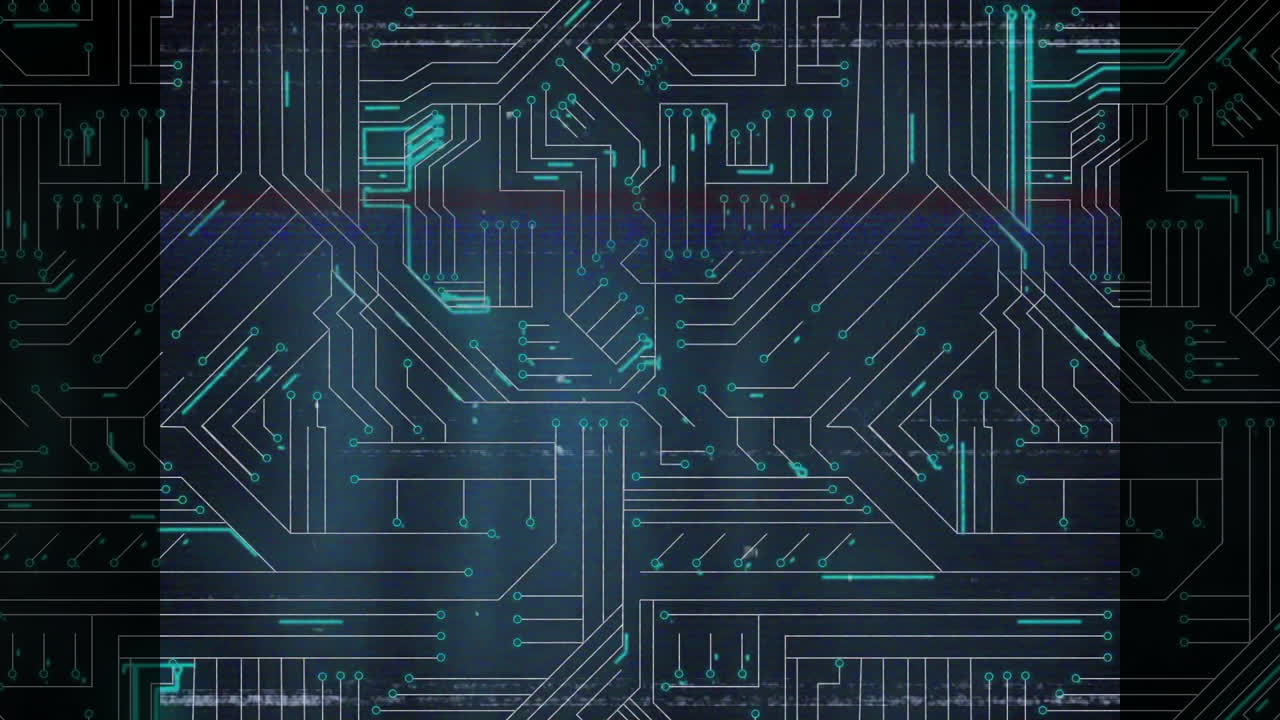 Glowing circuit board pattern with lines and nodes on dark background animation