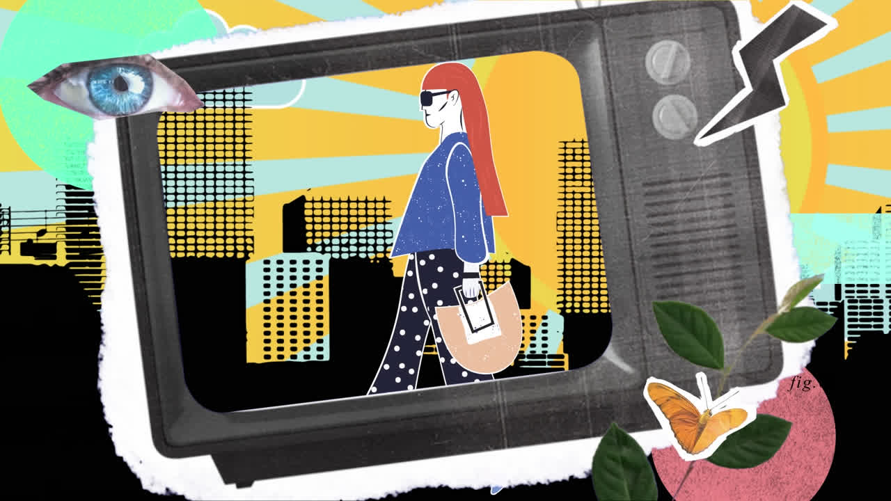 animación de dibujo de moda de modelo sobre el paisaje urbano