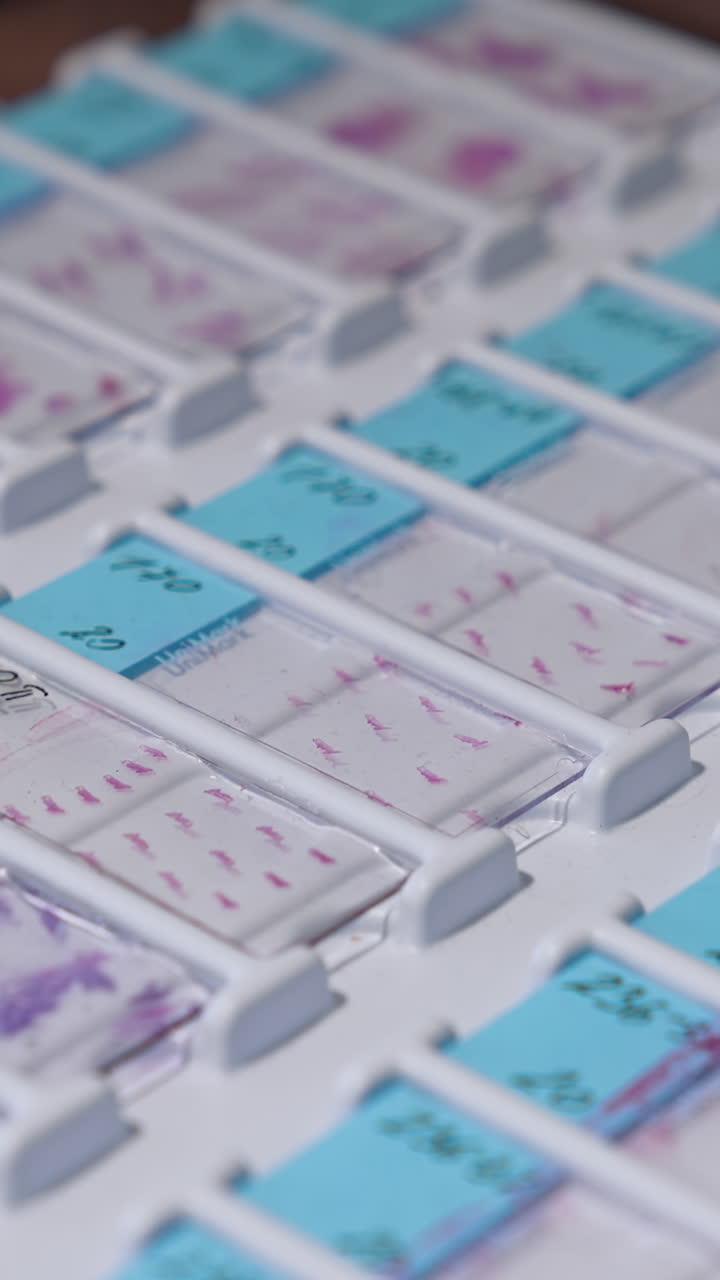 Laboratory of test blood. Rack of test samples in medical laboratory. Vertical video