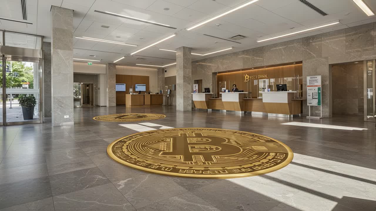 A Modern Bank Interior Featuring Bitcoin Floor Designs and Sleek Service Counters Reflecting the Rise of Cryptocurrency in Traditional Banking Environments