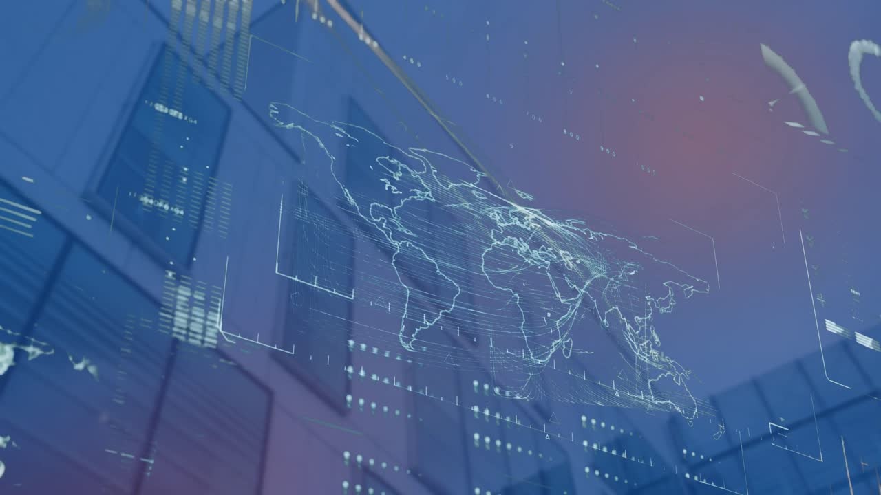 높은 건물의 낮은 각도 뷰에 대한 세계 지도에 대한 데이터 처리 인터페이스의 애니메이션