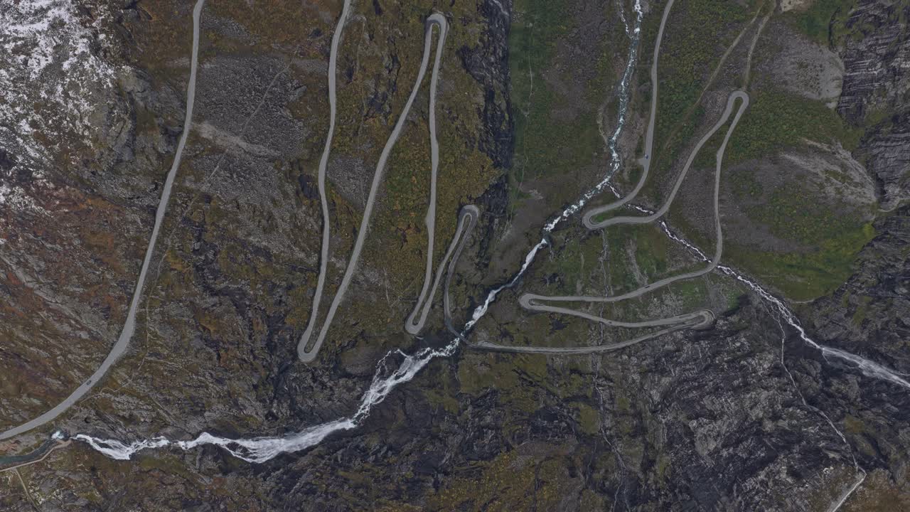 Famous Trollstigen road with sharp curves, Norway aerial footage