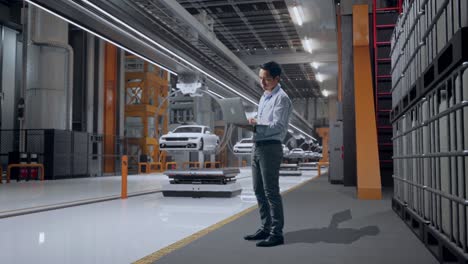 vista lateral completa del cuerpo de un trabajador profesional masculino asiático de pie con su portátil en una fábrica de automóviles ev, instalación industrial de alta tecnología, escribiendo y decepcionado con asintiendo con la cabeza