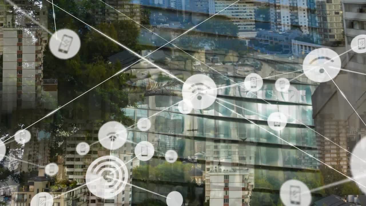 도시 풍경 위의 아이콘으로 연결된 네트워크의 애니메이션