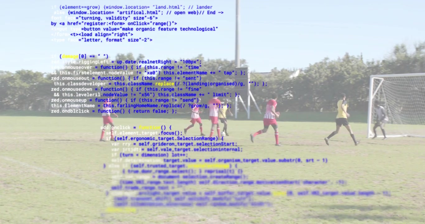 Sports code overlay initiating yellow attacker dribbling, passing to winger, defender clearing ball