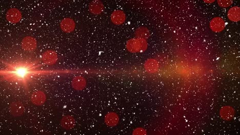 animación de la nieve de navidad cayendo sobre manchas de luz roja y luz en movimiento.