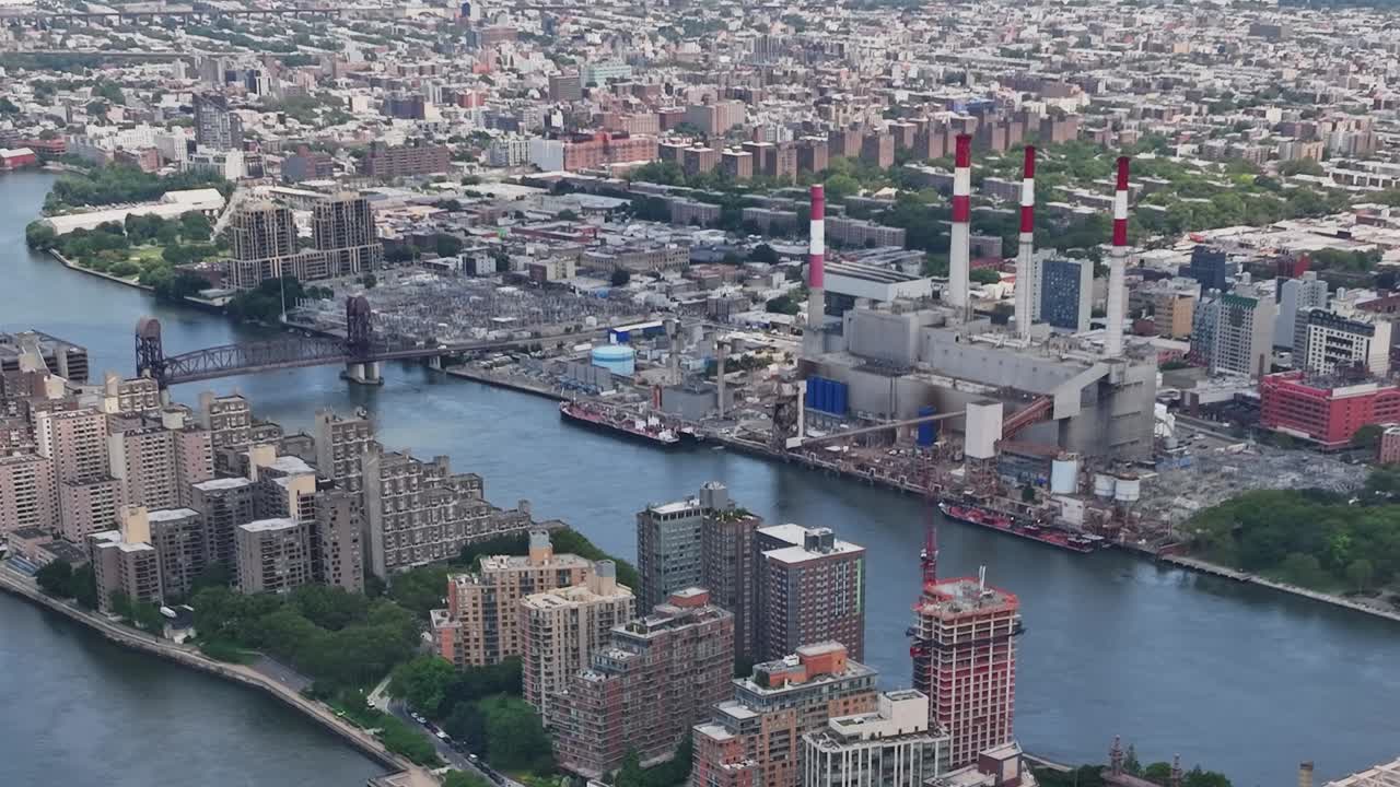 Aerial view of East River and industrial area in New York City