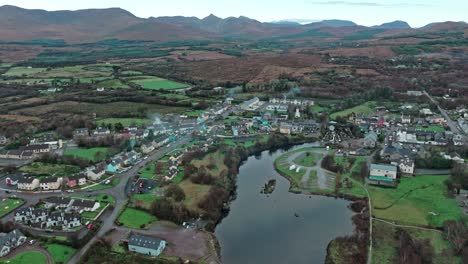 drone sneem touristic village on the ring of kerry on a early autumn morning in ireland