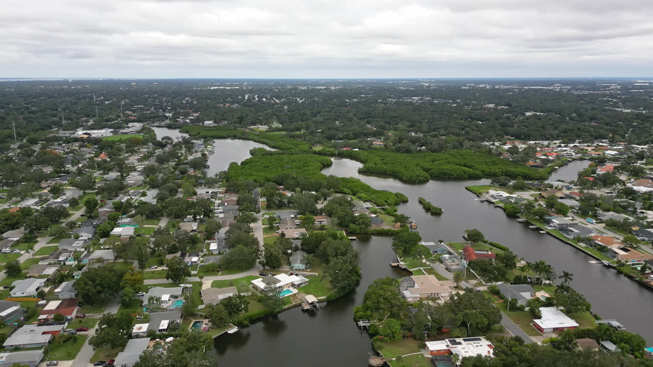 Suburban neighborhood with canals running throughout and trees lining the waterway in Largo, Florida. Aerial orbit