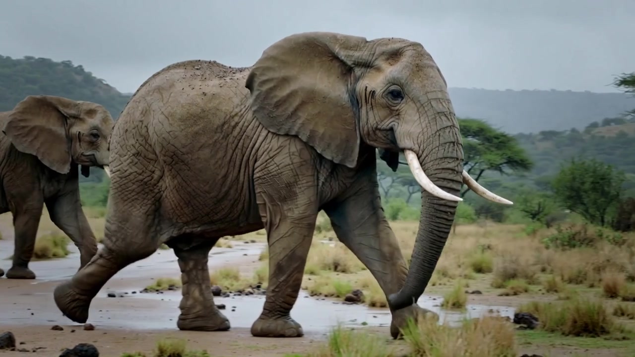 La pioggia si attenua, un elefante adulto capobranco cammina attraverso una pianura umida, attraversando un canale fangoso e guidando la mandria