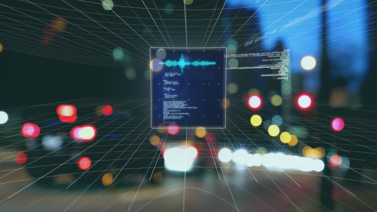 Animation of data processing on screen over cityscape