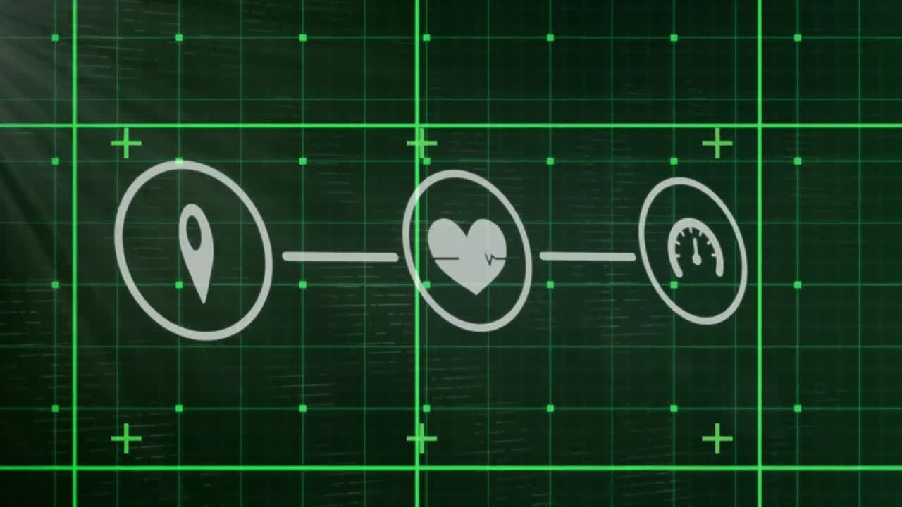 녹색 배경에 빛의 반점에 대 한 그리드 네트워크를 통해 디지털 아이콘의 네트워크의 애니메이션