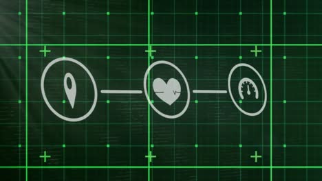 animación de una red de iconos digitales sobre una red de cuadrícula contra un punto de luz sobre un fondo verde.