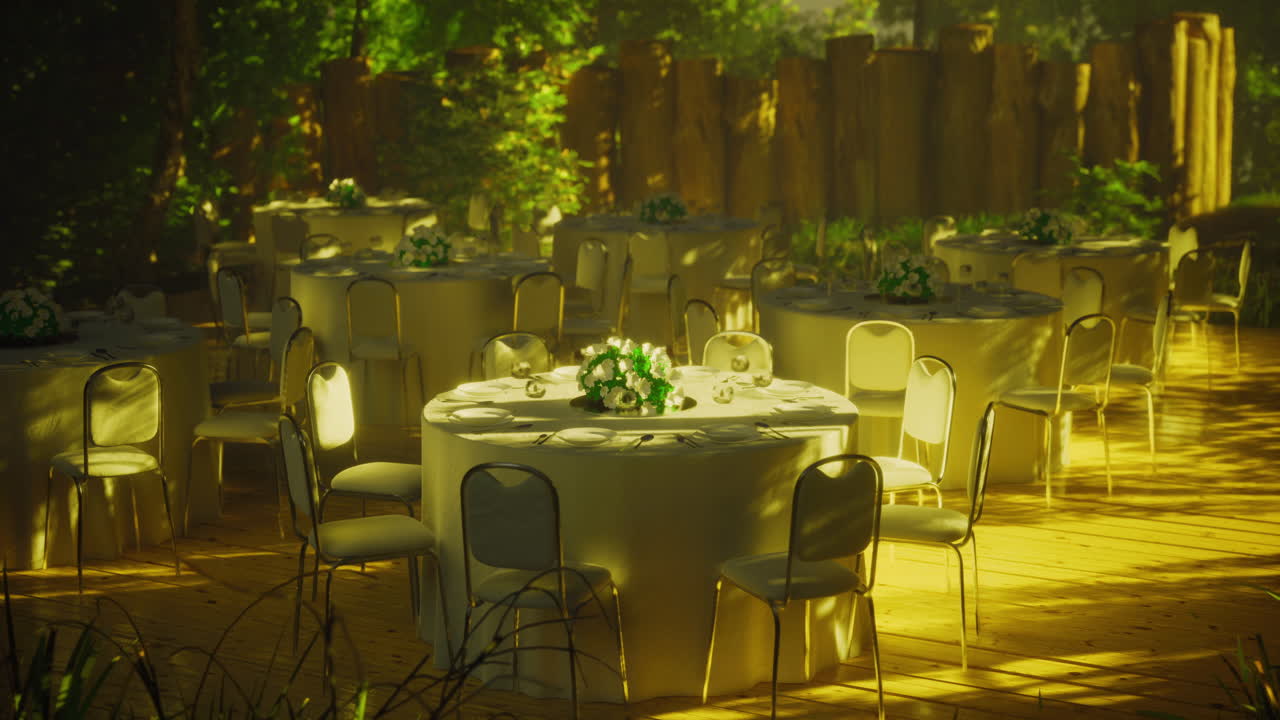 Elegant outdoor event setup with tables and floral centerpieces at sunset