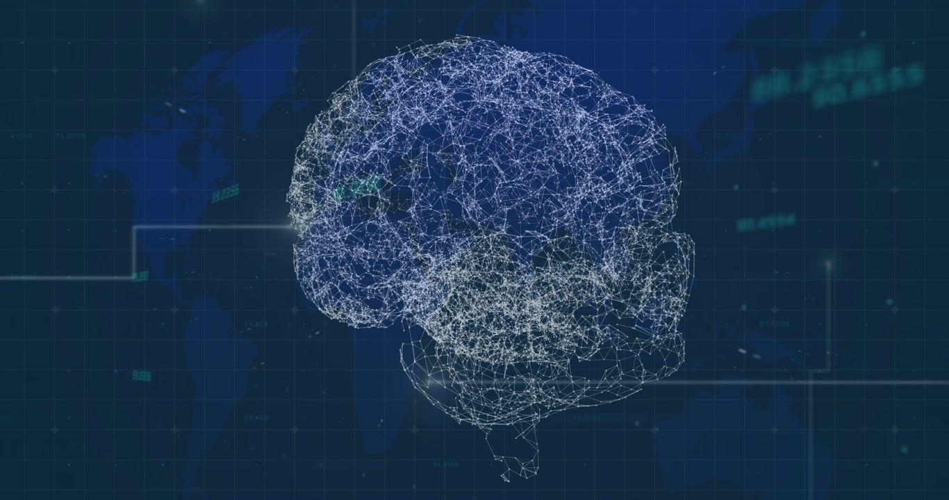 Animation of rotating brain with connections over world map and diverse data