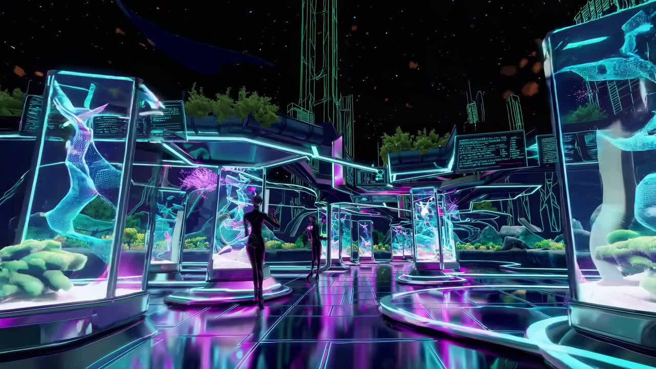 Futuristic Cyberpunk City Corridor with Aquariums and Digital Plants