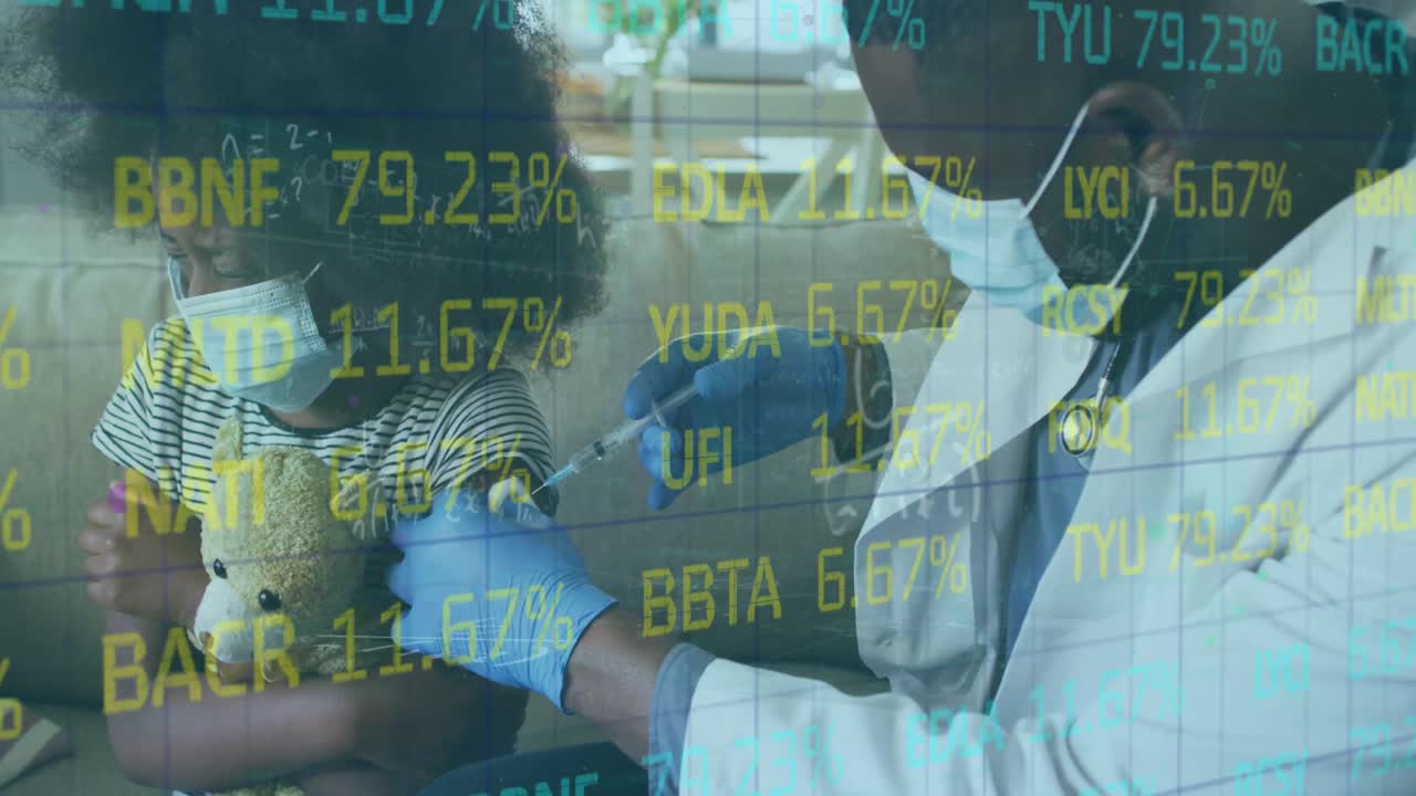 아프리카계 미국인 의사가 아이에게 예방 접종을 하는 데이터 처리의 애니메이션