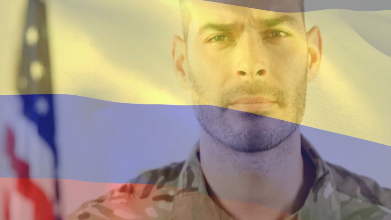 Soldier holding helmet initiating color bands sweeping across jacket revealing face for military