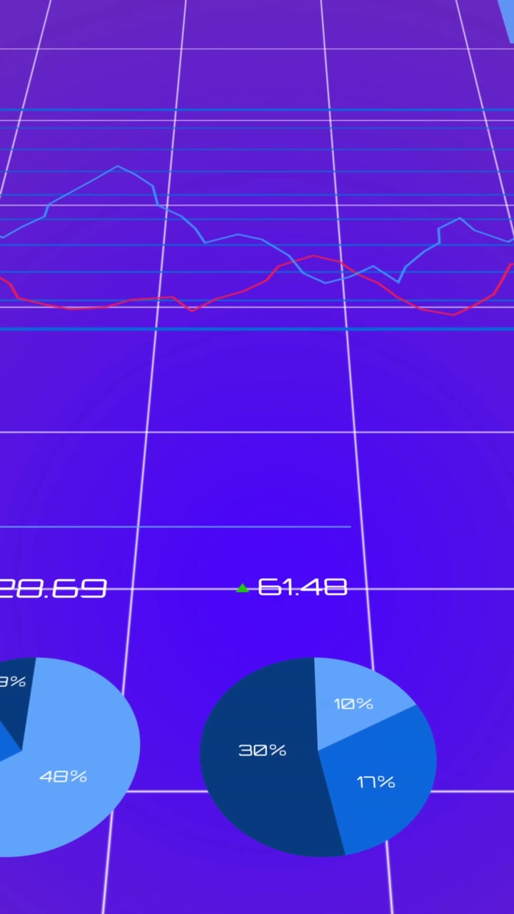Animazione di più grafici con numeri variabili su motivo a griglia, su sfondo blu.