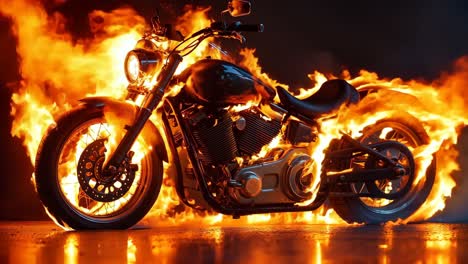 a motorcycle is engulfed in flames on a dark background