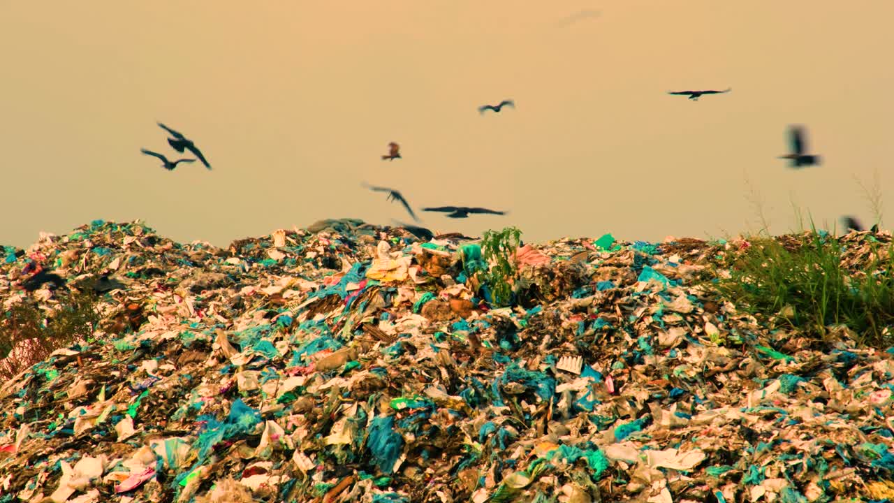쓰레기 매립지 위를 날아다니는 까마귀와 독수리
